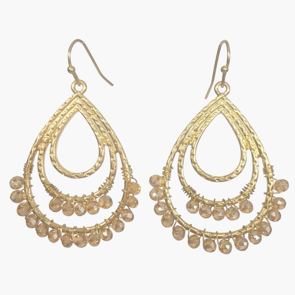 Topaz Brown Glass Bead Wrapped Triple Teardrop Gold Tone Dangle Earrings